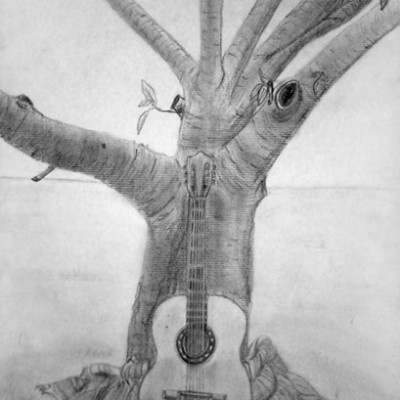 Pencil drawing of a guitar against a tree.